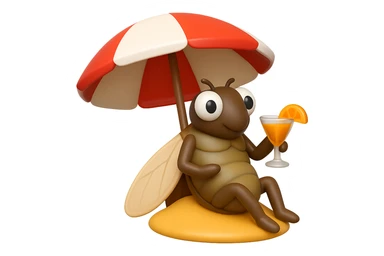 EMOJI STILE IPHONE 3D DI UNA CICALA CHE STA RILASSATA SEDUTA SOTTO L'OMBRELLONE IN SPIAGGIA CON UN COCKTAIL IN MANO, FAGLI GLI OCCHI CON LA PARTE BIANCA, NON SOLO LA PUPILLA sticker