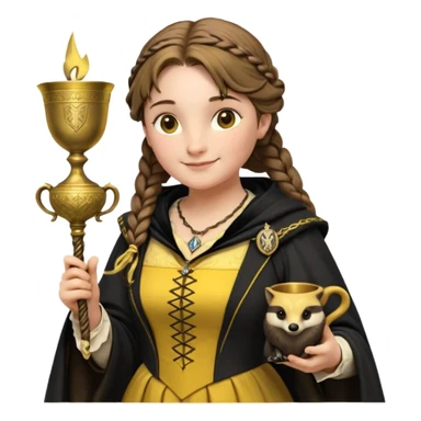 Helga Hufflepuff,the Hogwarts founder of Hufflepuff,brown-haired,2braids,yellow-black medieval dress with black cloak decorated with gold braiding,flickering magic wand and tiny two-handled shiny gold cup engraved with the badger silhouette,very kind smile,curvy busty sweet sticker