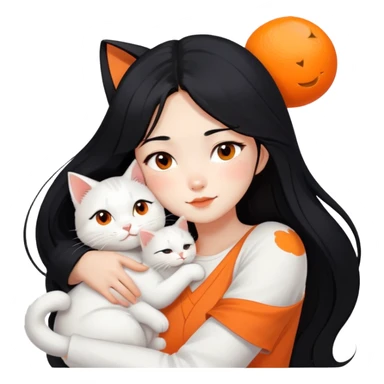 East Asian girl with long flowing black hair hugging a predominantly white cat with orange patches, sweet and gentle, cute facial expressions sticker