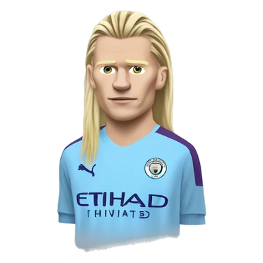 Erling Haaland with long hairs Manchester City sticker
