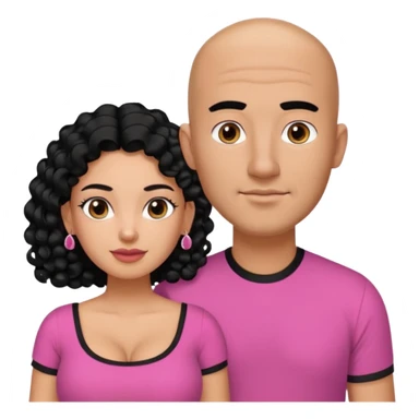 A picture if a couple. the man is a Mexican man with tanned skin, black hair, a bald hair cut, short boxed beard, and wearing a black shirt. the woman is mixed with black and white, with curly long hair, stud earrings,  wearing a pink shirt and with big boobs sticker