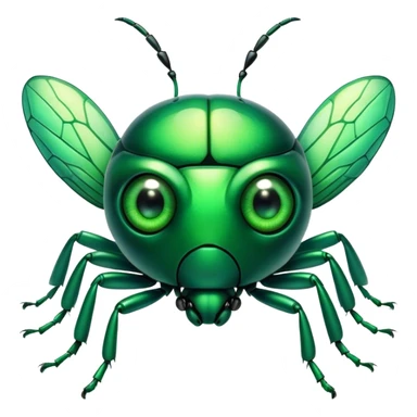 Cinematic Cute Green Bugdie Portrait Emoji, Head tilted playfully and inquisitively, featuring a glossy, vibrant emerald exoskeleton with intricate patterns, round, sparkling multifaceted eyes filled with curiosity, Simplified yet irresistibly adorable features, highly detailed, glowing with a warm, friendly glow, high shine, affectionate and lively, stylized with a touch of whimsy, bright and endearing, soft glowing outline, capturing the essence of a mischievous yet charming bug, so playful it feels like it could buzz out of the screen and into your arms! sticker