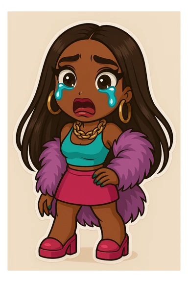 Change her expression to shocked, keep her as a 20-year-old anime Bratz style woman with dark skin, dark hair, glamorous evening wear, big expressive eyes, and glossy lips. sticker