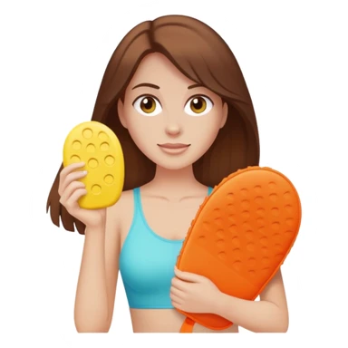 pale skintone woman with brown hair holding a tanning mitt sticker