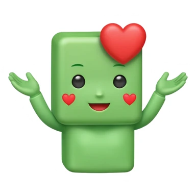 A cute green block-headed mascot with a happy face and blush, wearing “FGH” on its chest. It holds a shiny red heart in one hand. Chibi style, soft glow outline, cheerful and friendly. sticker