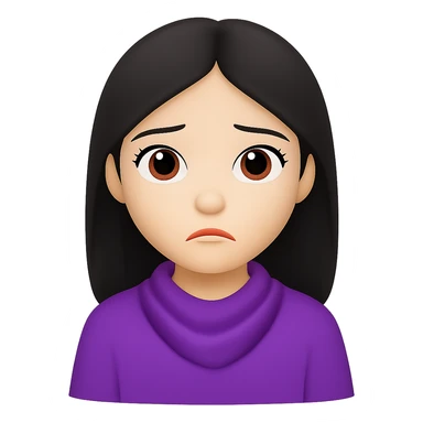 Remove the bandana and change the white clothes to a different color, keep the lilac elements and sad face, in the style of emoji (apple style emojis). sticker