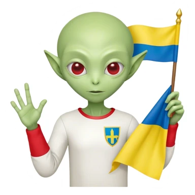 Green alien in Shirt 👚 vyshyvanka, white with red embodiary on sleeved, with 🇺🇦 Ukraine flag in a hand sticker
