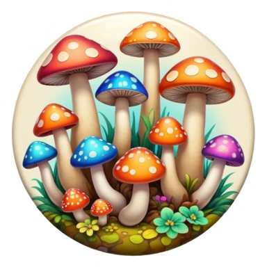 A round psychedelic colored button with bezeled edges and colorful hippie style mushrooms sticker