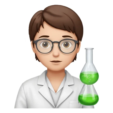 Portrait of a young scientist wearing a white lab coat, glasses, curious expression sticker
