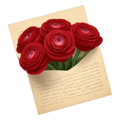 A bouquet of ruby-red ranunculus tied with a velvet ribbon and an old love letter sticker