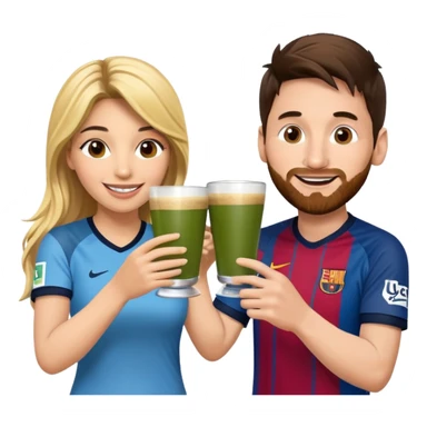 emoji-style illustration of Lionel Messi and Shakira smiling at each other, both holding traditional yerba mate cups, about to make a cheerful toast, friendly, happy, expressive cartoon faces, bright colors, fun vibe sticker