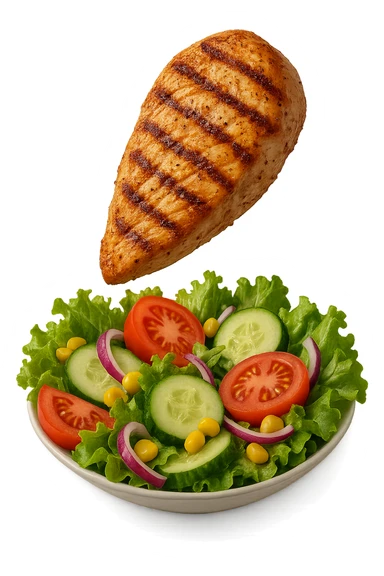INSALATA CON PETTO DI POLLO GRIGLIATO CHE CADE DALL'ALTO, IPERREALISTICO 4K sticker