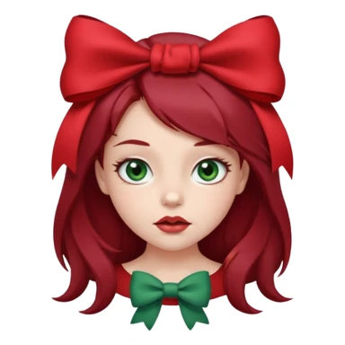 A cute girl biting her lip with a bow in her hair. Dark red hair and gray green eyes sticker