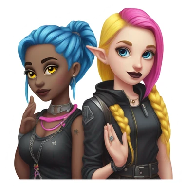 Blue eyed long eye lashes pout blonde and pink hair pale hime gyaru girl, hot pink and yellow split-dyed hair, nose ring, elf ears, dark makeup, punk clothes standing next to three diffrent men praying on their knees sticker