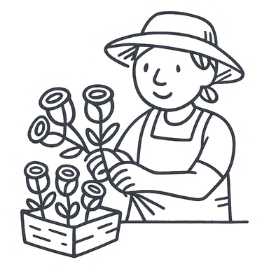 rose farm emoji with a person sorting and bunching roses, hand-drawn black outline style sticker