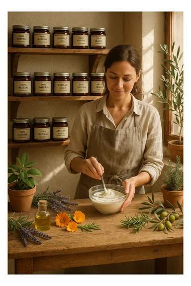 A realistic, high-quality photo of a small artisan skincare laboratory in Italy, with wooden shelves displaying beautifully packaged glass jars of natural creams made with herbal and botanical extracts, olive oil, and essential oils, clearly labeled ‘100% Natural’ and ‘Artisan Made in Italy’. The scene includes a bright, sunlit rustic workspace with plants, fresh lavender, rosemary, calendula flowers, and olive branches on the wooden counter, symbolizing purity and nature. A female artisan in a linen apron is carefully mixing creams in a glass bowl, smiling softly. The environment feels warm, authentic, and eco-friendly, emphasizing the concept of handcrafted skincare without synthetic chemicals in italiano sticker