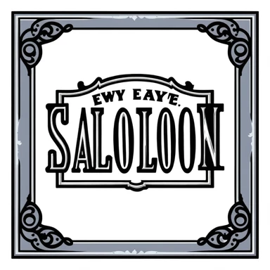 connected BLK letters in western saloon font style with silver outline, old west typography, black text with ornate silver frame sticker