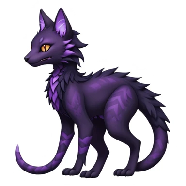 Kawaii dark black purplish blackish edgy fantasy ethereal feline-vernid-sergal-fursona animal creature with a tufted tail full body with intricate markings  sticker