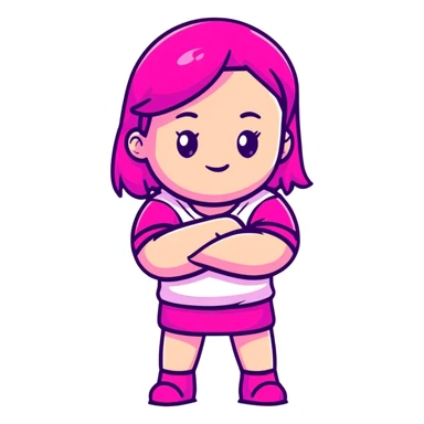 Shy girl character with arms crossed, transparent glass style, bright pink gradient, soft shadows and highlights, minimalist cute design sticker