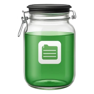 green jar emoji with green lid, containing three minimal monochrome icons inside: bookmark, photo symbol, and paperclip — simple, clean, flat design. sticker