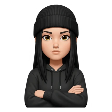 White curvy female with long straight black hair wearing a beanie and standing with arms crossed wearing a hoodie and both nostrils pierced sticker