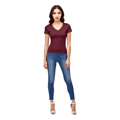 fitted wine red V-neck t-shirt, slim fit, cropped length, form-fitting, only the garment, no model sticker