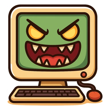 Make the computer virus icon look more dangerous by exaggerating the mischievous face with sharp teeth and glowing eyes. Keep the playful cartoon style with no background. sticker