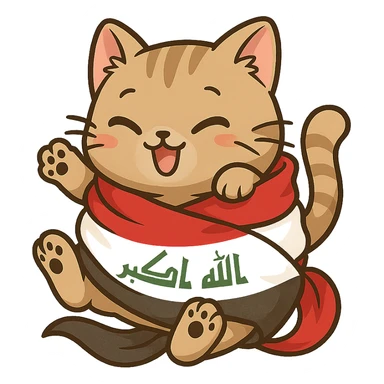 cat tangled in the Iraq flag, humorous and lighthearted, cartoon style sticker