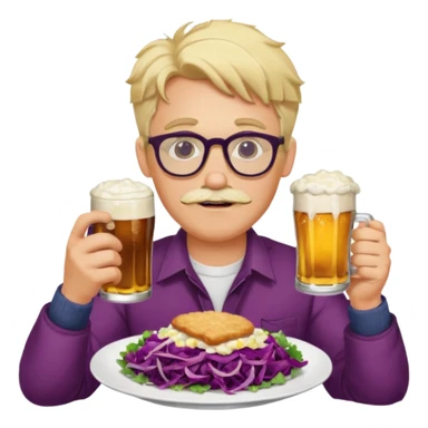 Man with wire framed glasses german eating schnitzel, red cabbage, sauerkraut, potato salad, and beer. Man is blonde and no mustache sticker