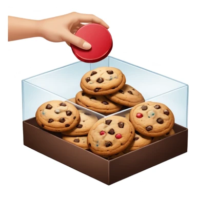 a hand taking a package from a transparent box of cookies sticker