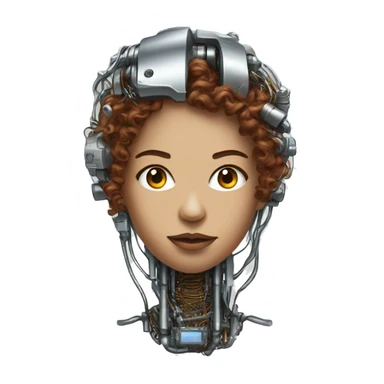 metal female cyborg head with brown curly hair and circuitry sticker