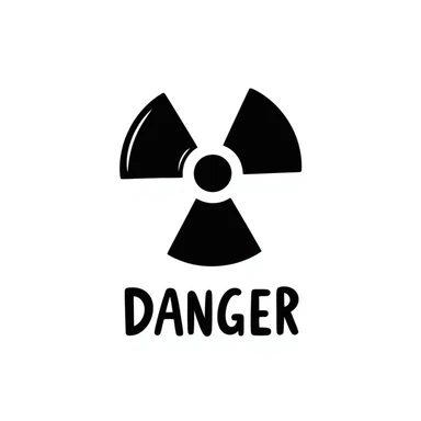 Hand-drawn radiation warning trefoil symbol with hazard text sticker