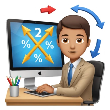 A person sitting at a desk working and looking at a computer with upward arrows and percentage signs, suggesting digital sales, marketing, or outreach. sticker
