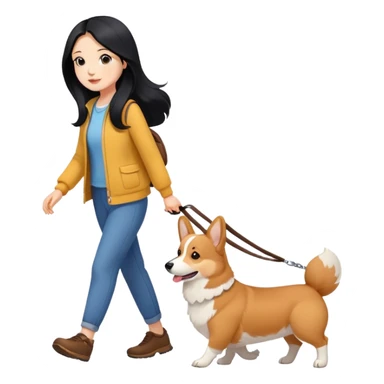 A girl with long black hair walking a corgi sticker