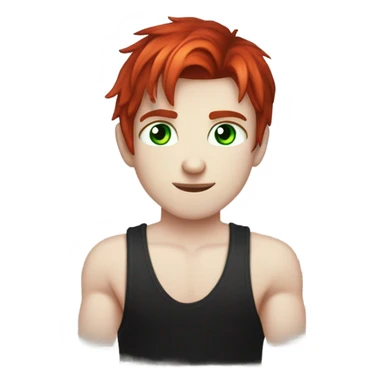 a boy with red hair in a mullet style cut, vampire like pale skin, green eyes, tattoos on his arms, a black tank top, lots of piercings  sticker
