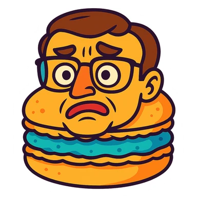 Emmanuel Macron transformed into a macaron with an expressive face, vibrant colors sticker