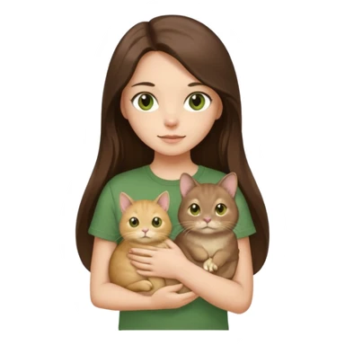 brunette girl with long hair and brown eyes in a brown T-shirt, holding a golden chinchilla cat in her arms, a cat with green eyes sticker