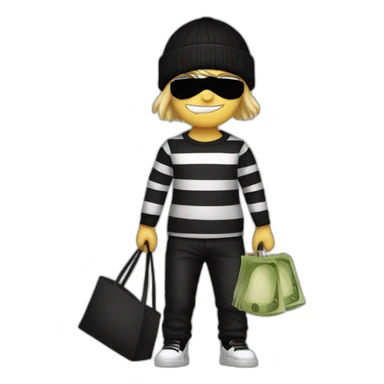 robber with blonde hair wearing a black beanie and a long sleeved white and black horizontally striped t-shirt and wearing black eye mask and holding a bag of money in their left shoulder sticker