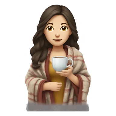 Brunette girl with tea in her hands and a blanket over er shoulders and sick sticker