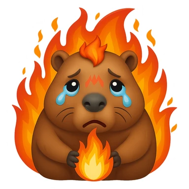 crying capybara, a fire around, emoji style sticker