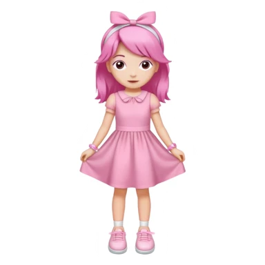 A girl wear a a pink pink dress and pink wacth and a pink hairband and a white shoes sticker