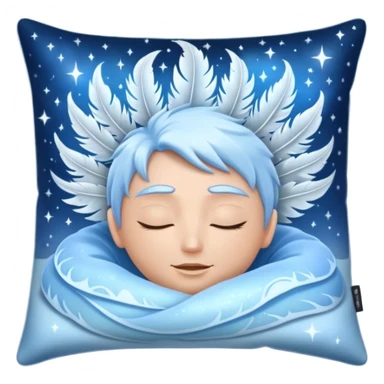 mystical pillow shimmering with icy blue and silver, surrounded by glowing feathers and frosty aura, gentle energy waves cradling a head, magical pain-free starlit sleep sticker