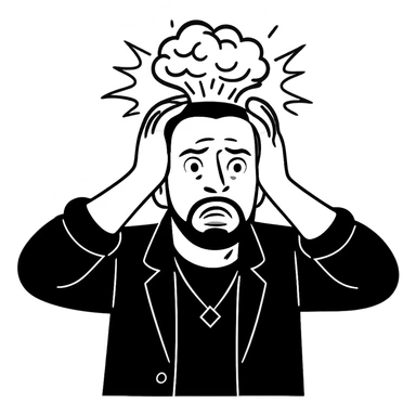 Используя такую стилистику как на картинках сгенерируй героя с фотографии, который в панике держится за голову, будто у него взрывается мозг, но лицо не должно быть агрессивным, прозрачный фон sticker