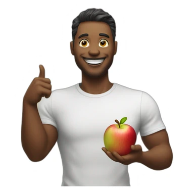 fruit real man smiling at the camera with an apple in his hand and pointing behind him sticker