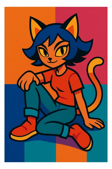 stylized girl with cat-like features, such as pointed ears, a tail, and feline posture, modern colorful art style, vibrant toon illustration sticker