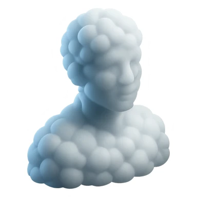 person looking straight, made entirely of white fluffy convex clouds, shoulder up, matte glass style, no background sticker