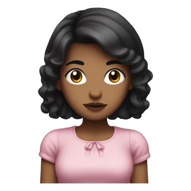 Girl with black hair , mad , her hair is not curly neither straight its ondulated hair , it's short and she has brown eyes and she has a bow that its pink on her hair sticker