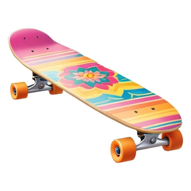 "An icon featuring a colorful skateboard resting on a smooth pavement. The background shows a sunny park with trees, a clear sky, and a lively atmosphere. The skateboard's deck is decorated with vibrant designs, emphasizing its dynamic style. Transparent background  sticker