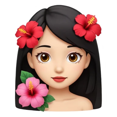 kawaii emoji-style girl face, inspired by Lilo, big eyes, soft smile, tan skin, straight black hair, red hibiscus flower on left, minimal details, pastel colors sticker