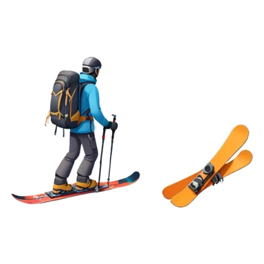 Icon for Mountain Tourism: a distant snow-capped mountain peak with skis, a snowboard, an ice axe, a backpack and a camera. The icon should convey the spirit of adventure and exploration in the mountains. Transparent background. sticker